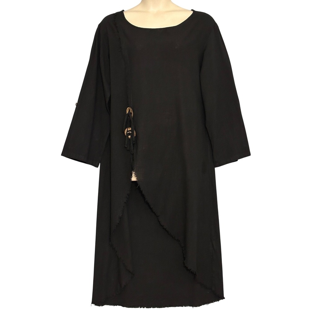 ChicMe Womens Top XL Black Asymmetrical Tunic 3/4 Tassel Boho Lagenlook Artsy